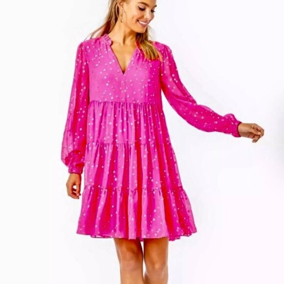 Lilly Pulitzer Swing Dress Pink Metallic Dots Party Sparkle Long-Sleeve Sz 8 - Picture 1 of 6